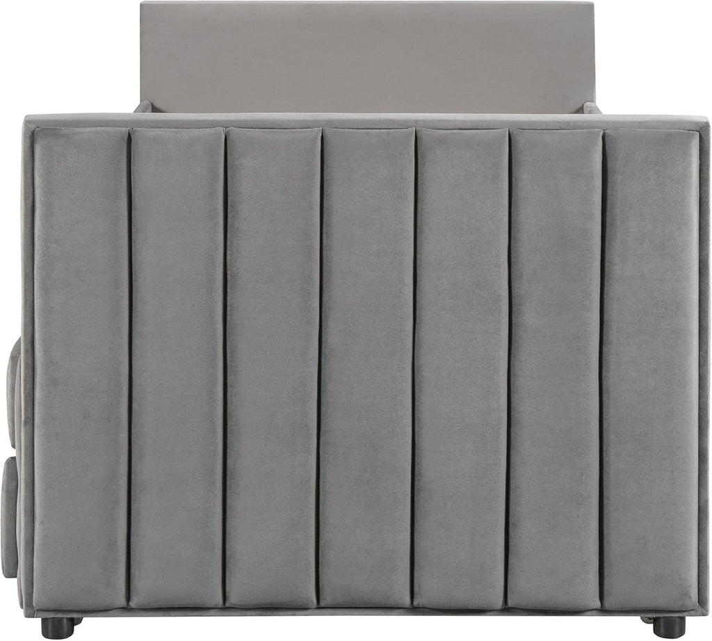 Twin Size Velvet Upholstered Daybed with Trundle and 3 Storage Drawers, Wooden Sofa Bed Frame (Gray) K870