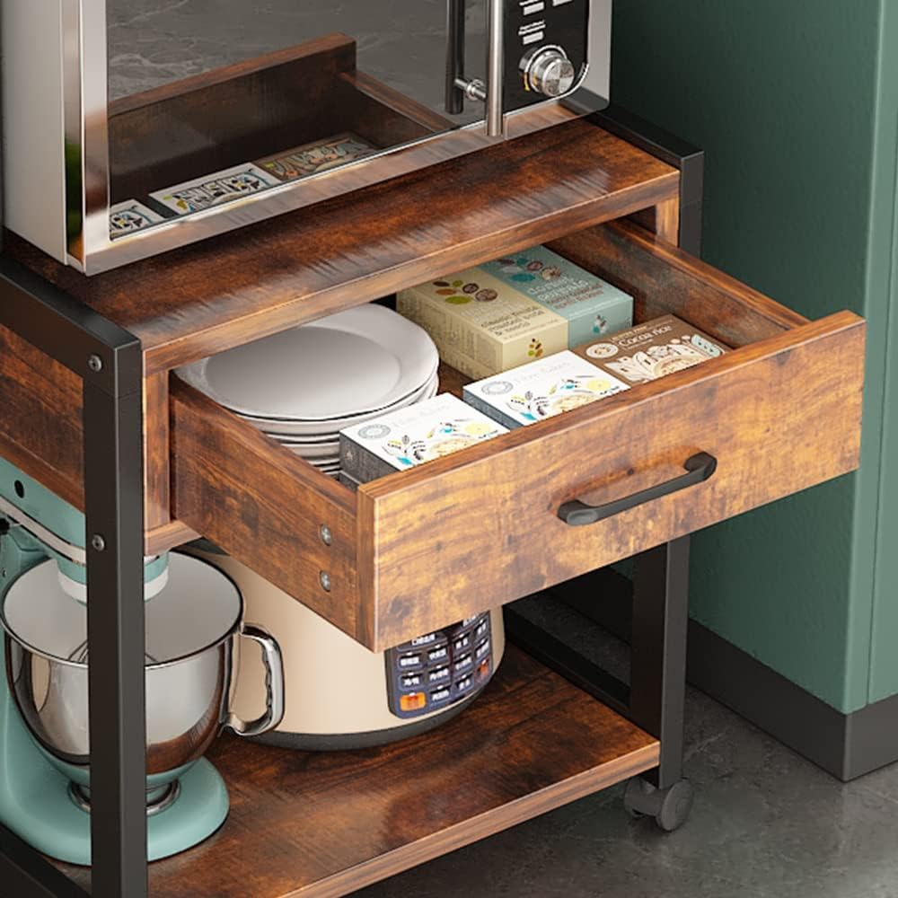 3-Tier Printer Stand with Drawers Record Player Stand End Table Storage Cabinet Printer Rack with Wheels Rolling Filing Cabinet Printer Cart U57831