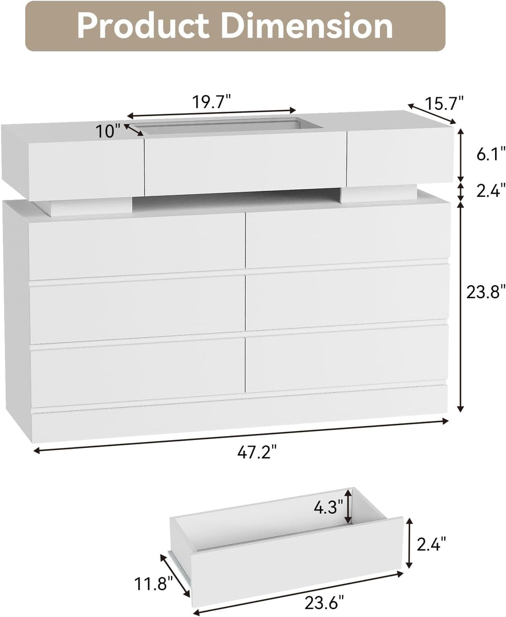 White 6 Drawer Dresser with LED Lights and Glass Top L7607