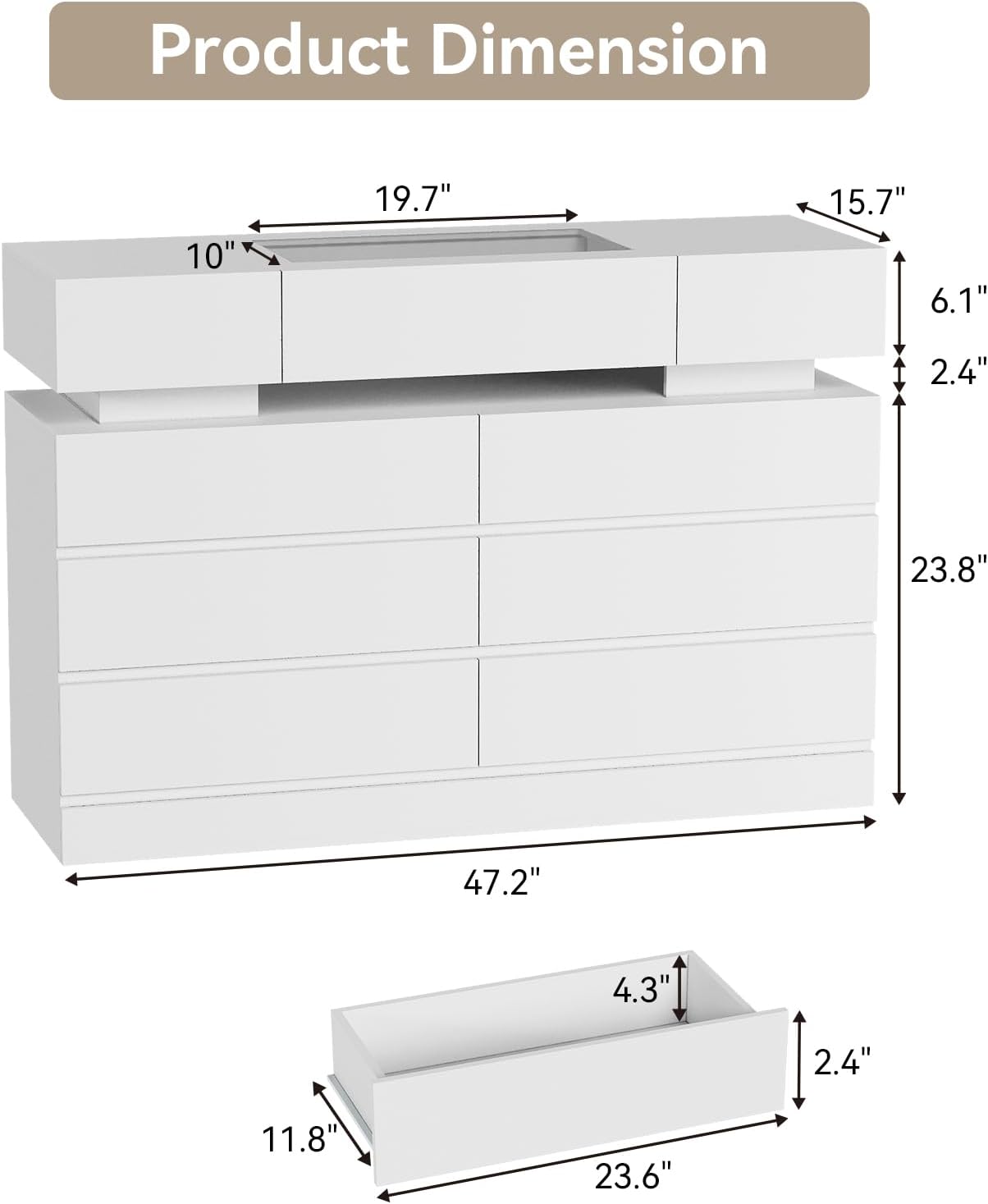 White 6 Drawer Dresser with LED Lights and Glass Top L7607