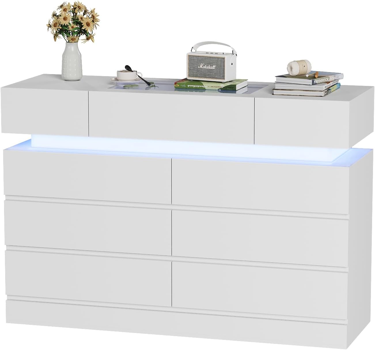 White 6 Drawer Dresser with LED Lights and Glass Top L7607
