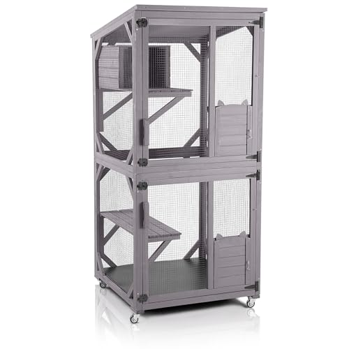 Large Wooden Cat Enclosure on Wheels with Resting Box E7149
