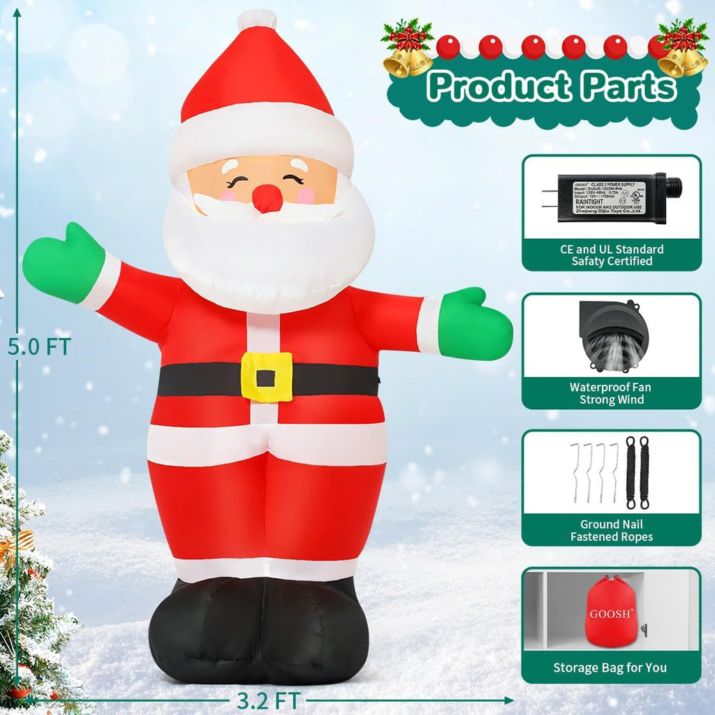 5 FT Christmas Inflatables Santa Claus Outdoor Decorations Blow Up Yard Standing Santa with Built-in LEDs S357716
