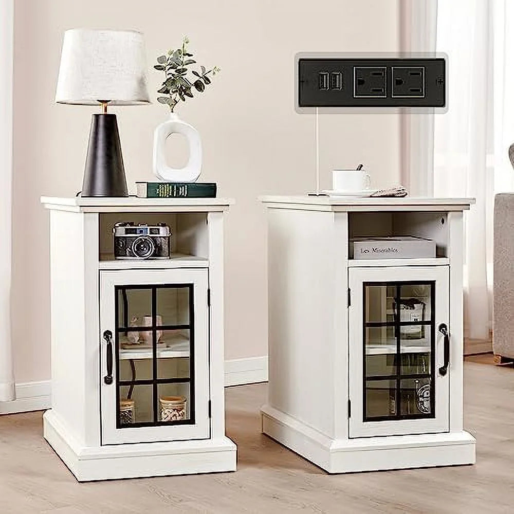 Distressed White End Table with Glass Door A793
