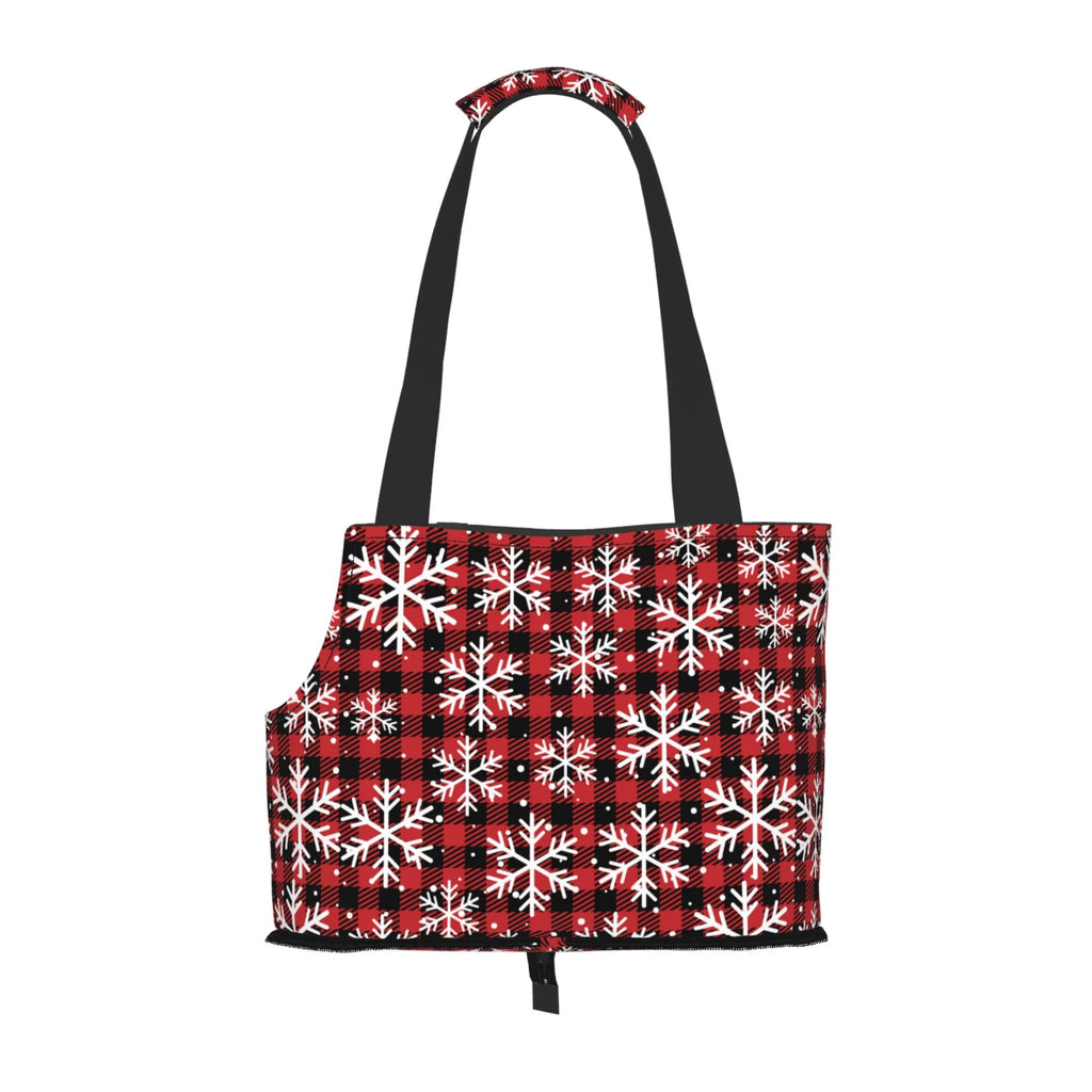 Red Christmas Plaid Snowflakes Prints Foldable Dog Purse Carrier M825094