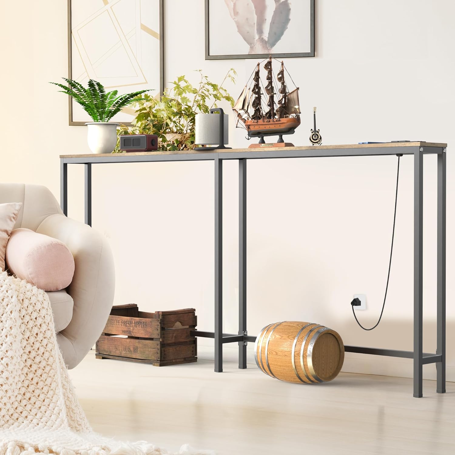 70.9 Inch Console Table with Power Outlet, Narrow Sofa Table with Charging Station E63790
