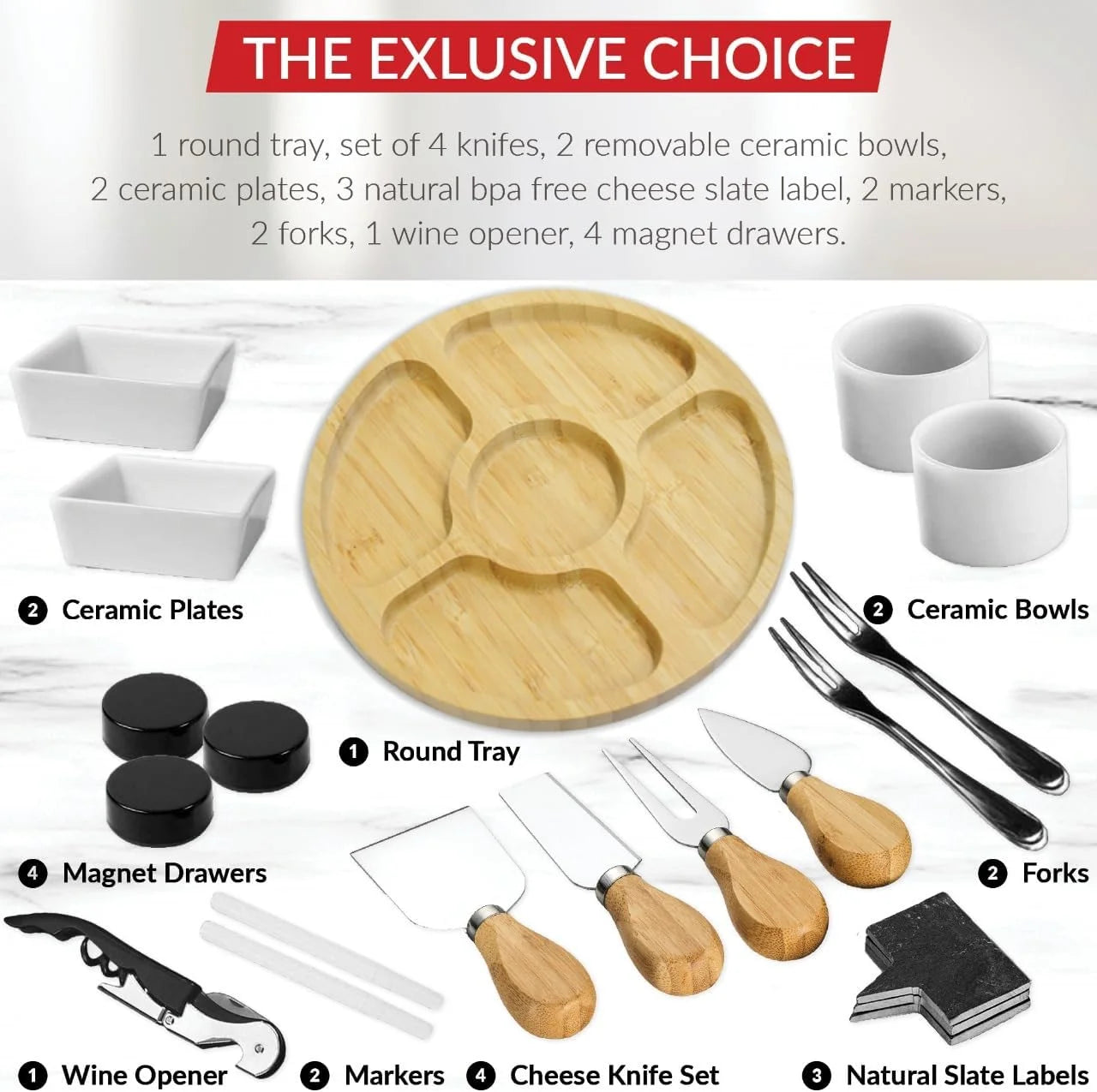 Large Charcuterie Board Set with 2 Ceramic Bowls & Plates, 4 Magnetic Drawers Bamboo Cheese Knife Set, Round Tray O193