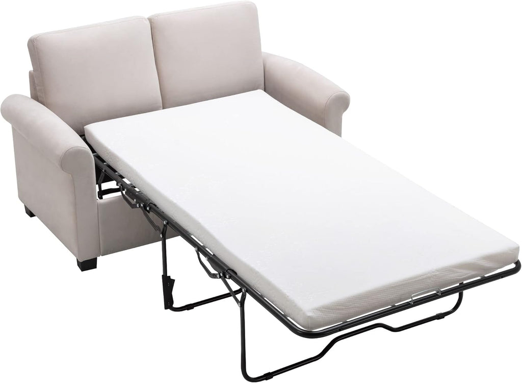 Beige White Pull Out Sofa Bed with Twin Size Mattress Pad W915