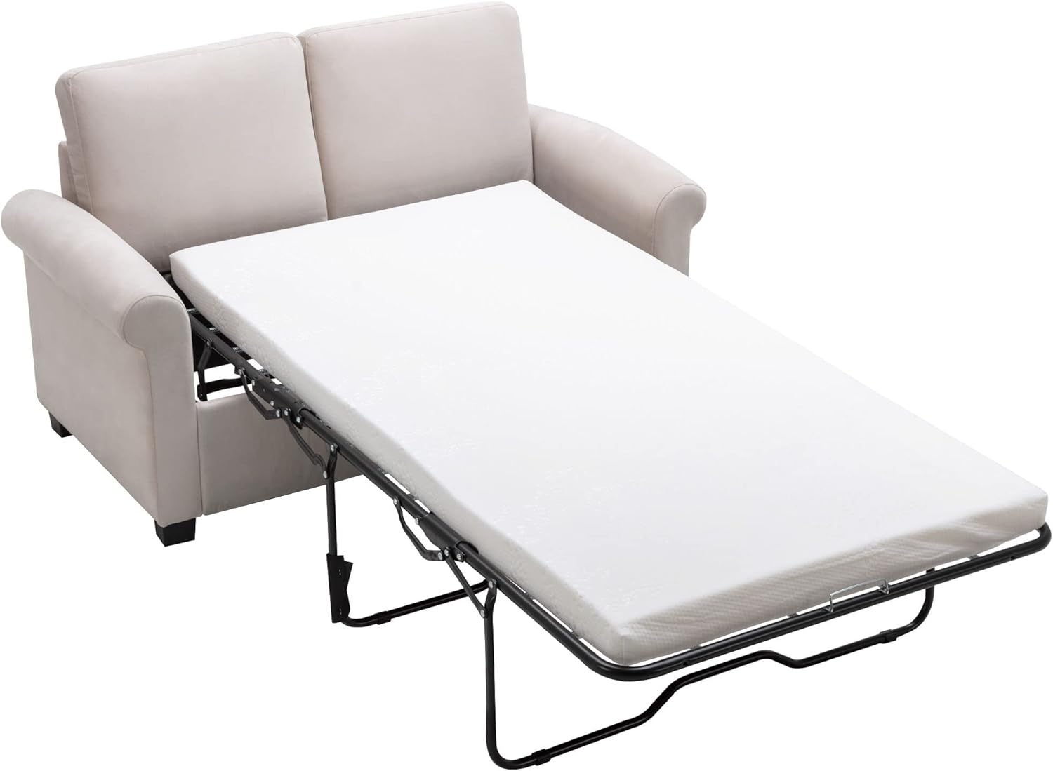 Beige White Pull Out Sofa Bed with Twin Size Mattress Pad W915