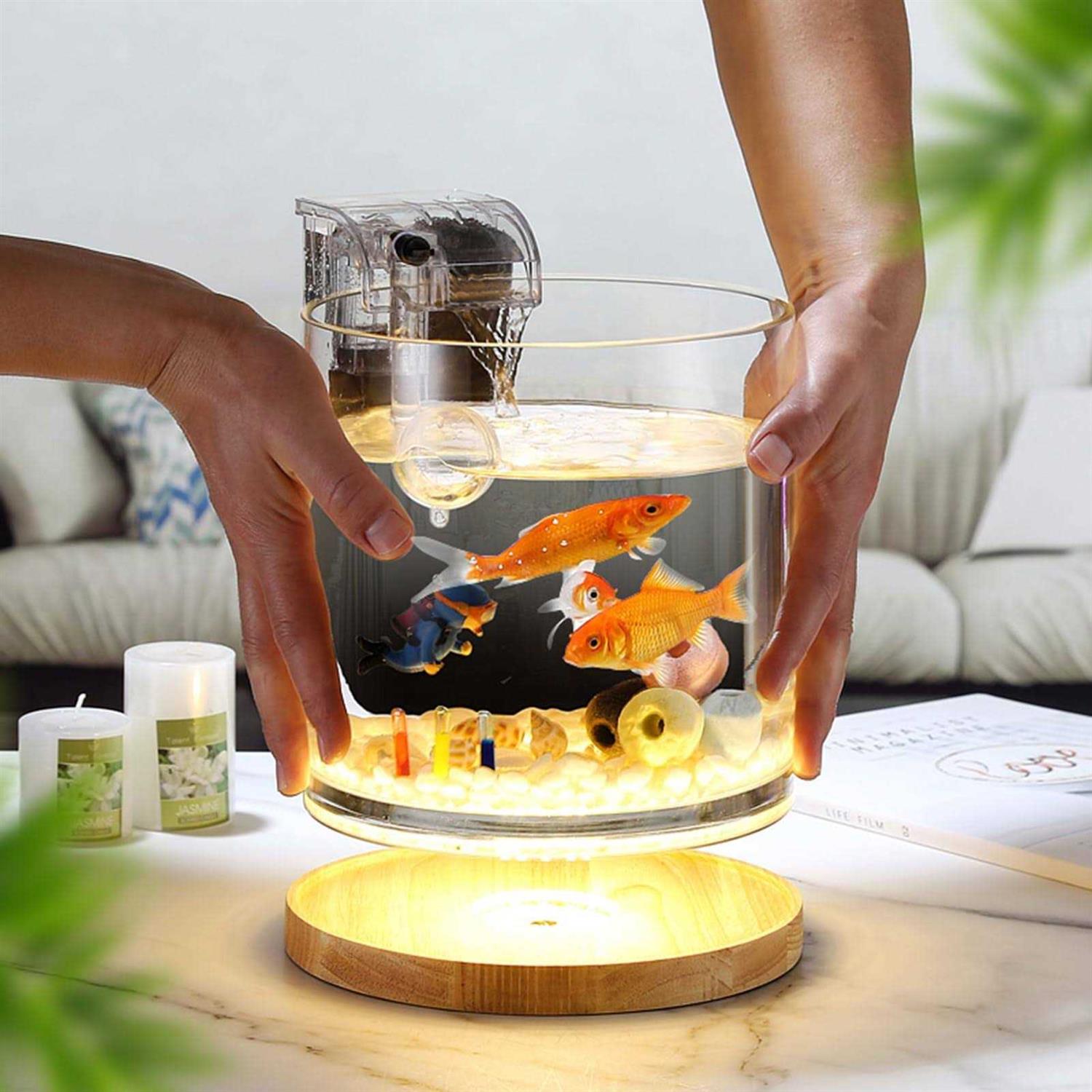 0.81-Gallon Cylindrical Fish Tank with Wooden Base LED Light Water Pump H569