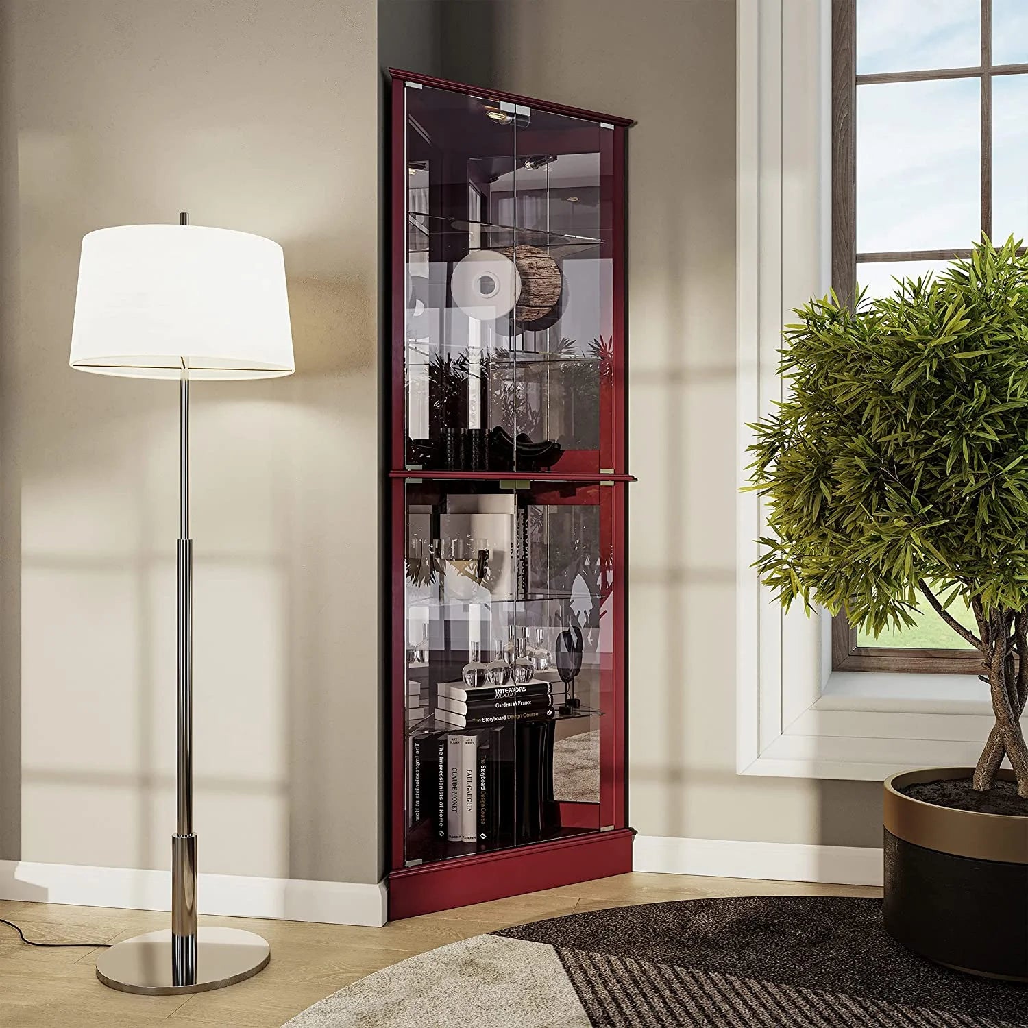 Lighted Corner Curio Cabinet with Tempered Glass Door, 6 Shelves H22986