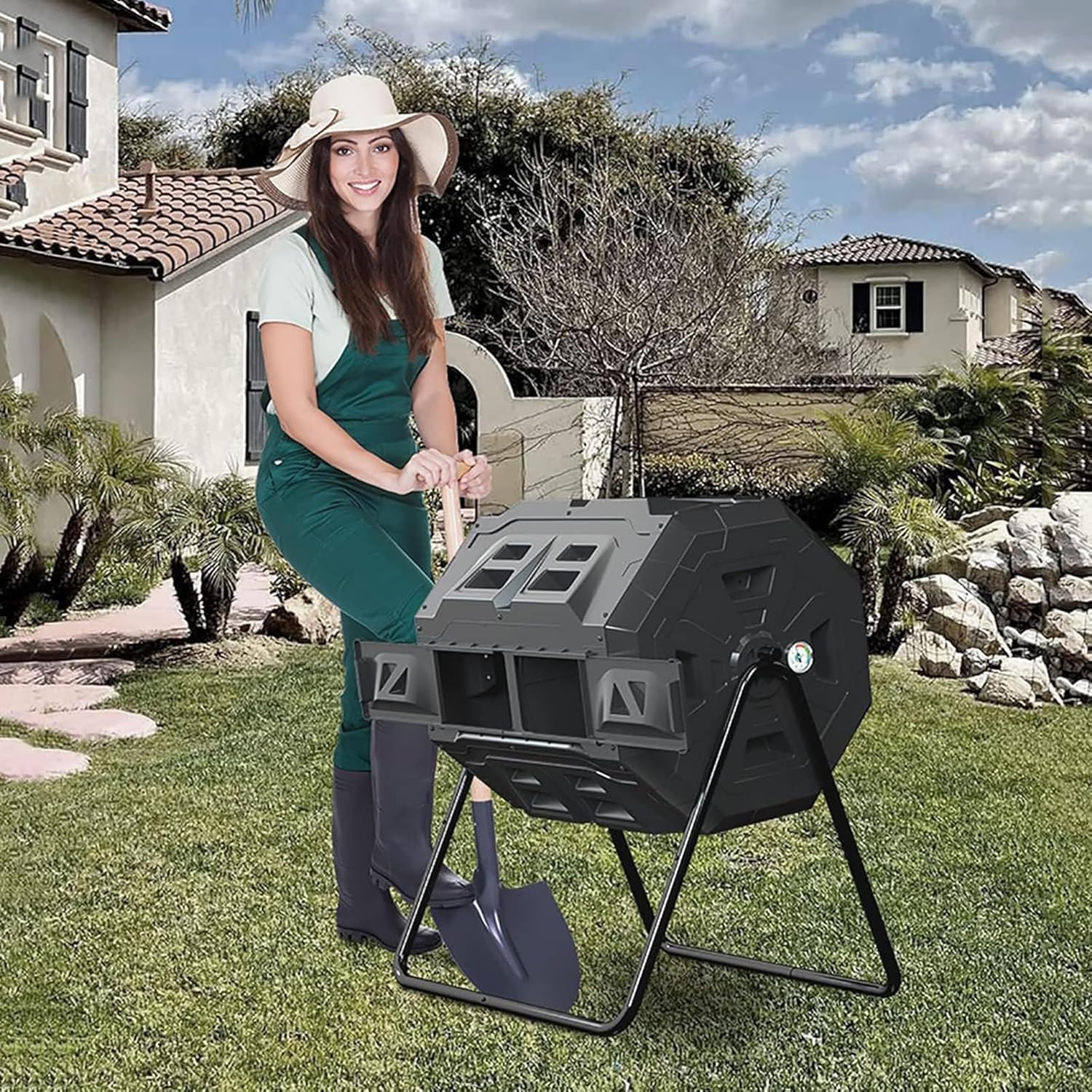 160L Dual Chamber Tumbling Compost Bin with Thermometer L9382