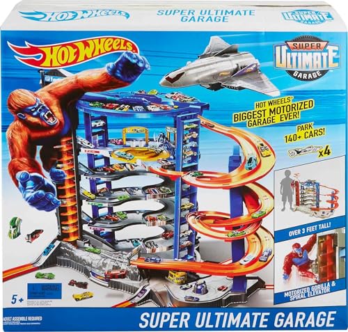 Hot Wheels Toy Car Track Set & 4 1:64 Scale Cars J965