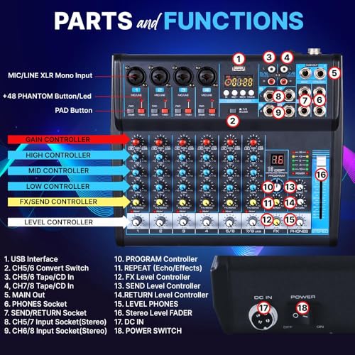 8 Channel Digital USB Bluetooth Audio Mixer O8825