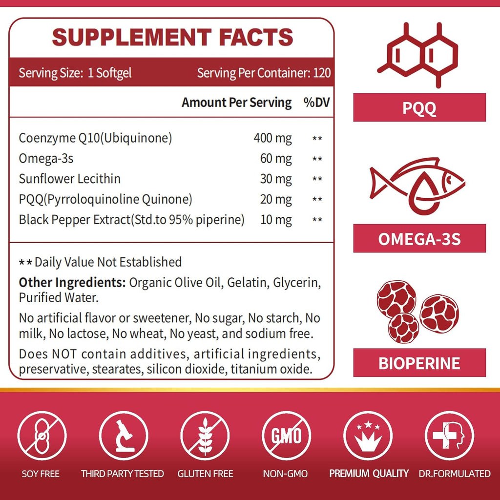 CoQ10 400mg Softgels with PQQ, BioPerine & Omega-3, 120 Servings O466848