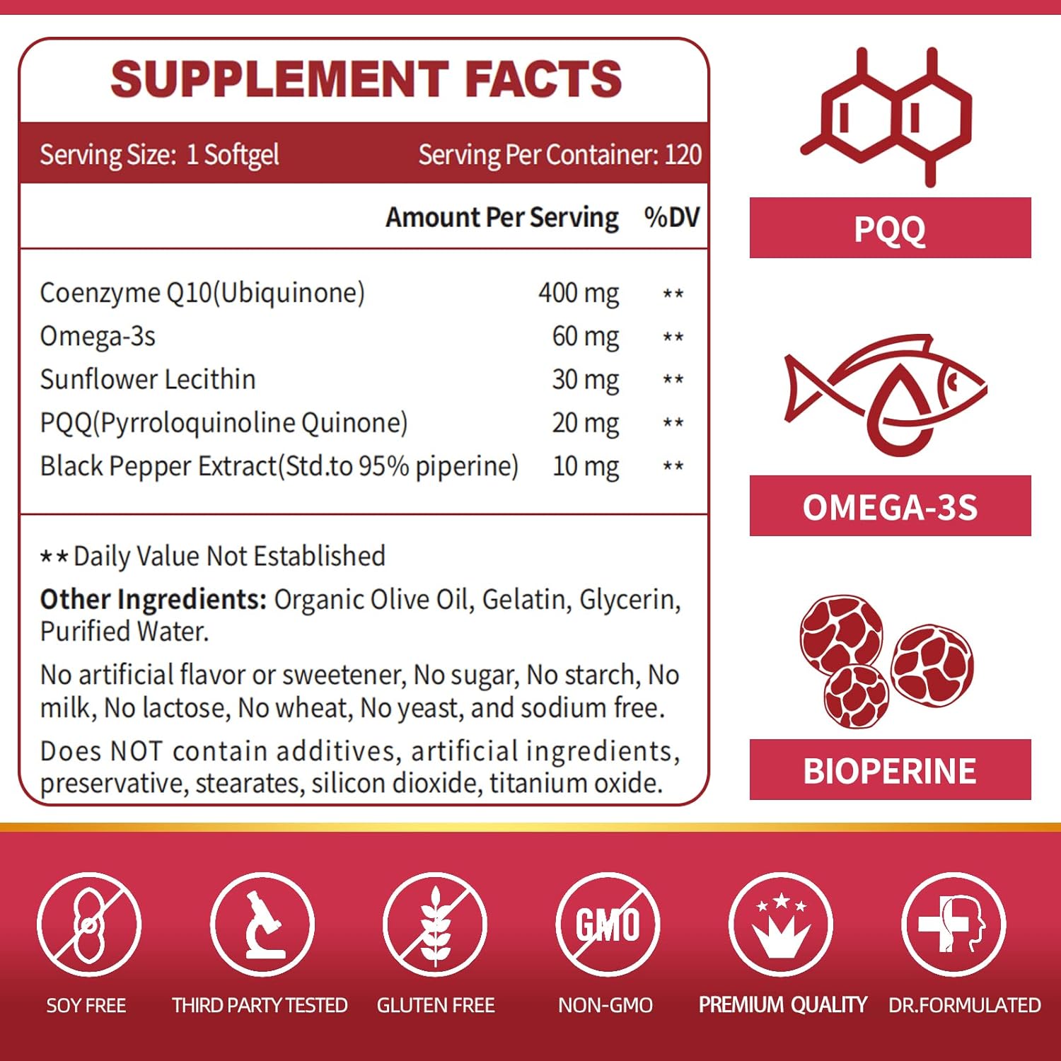 CoQ10 400mg Softgels with PQQ, BioPerine & Omega-3, 120 Servings O466848