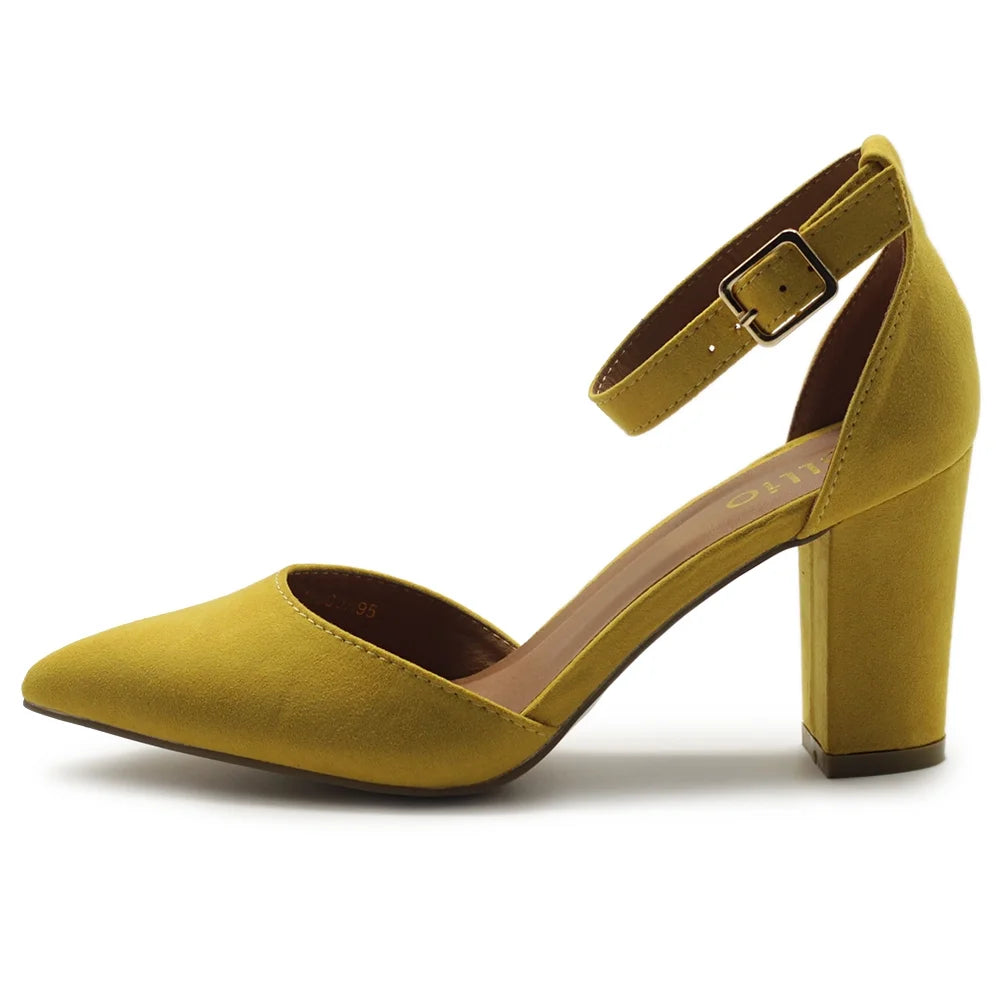 Women's Shoes Pointed Toe Ankle Straps Chunky Heels Pumps Y881589