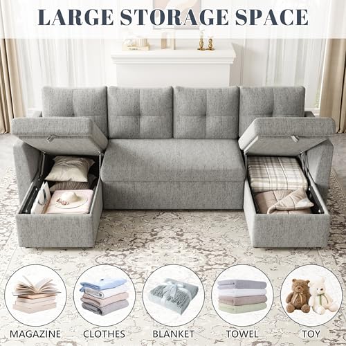 Oversized 110 inch 2 in 1 Pullout Sleeper Sofa Couch with Double Storage Chaise, Dark Grey O693024