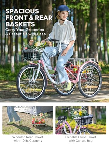 7 Speed Adult Tricycle with Front & Rear Removable Wheeled Baskets, 24 26 inch D1773