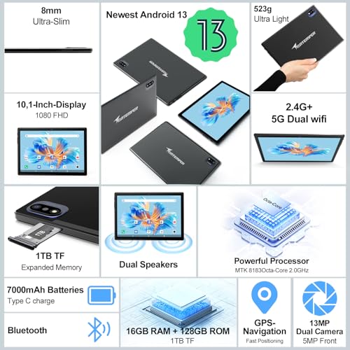 Android Tablet 10.1 Inch 16GB RAM 128GB ROM 2 in 1 Tablet with Keyboard Mouse Pen Octa-Core 2.0Ghz 7000mAh 1080FHD 13MP Camera Silvery K9409