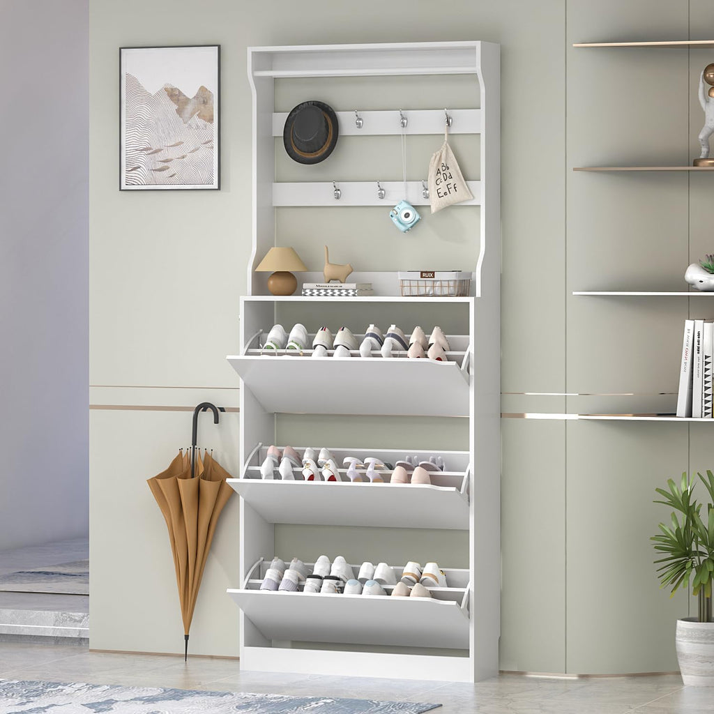 White 3 Flip Drawer Tall Wood Shoe Cabinet with Coat Rack Q80409