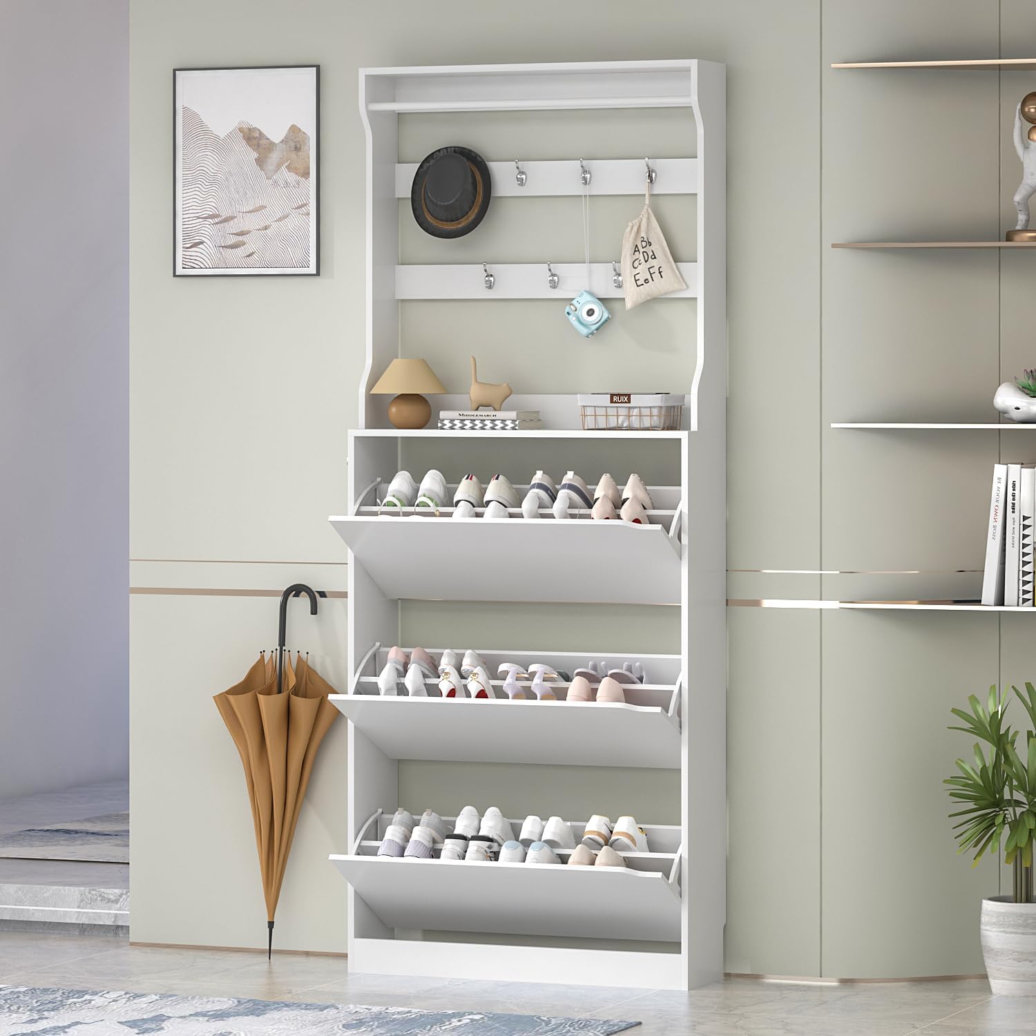 White 3 Flip Drawer Tall Wood Shoe Cabinet with Coat Rack Q80409