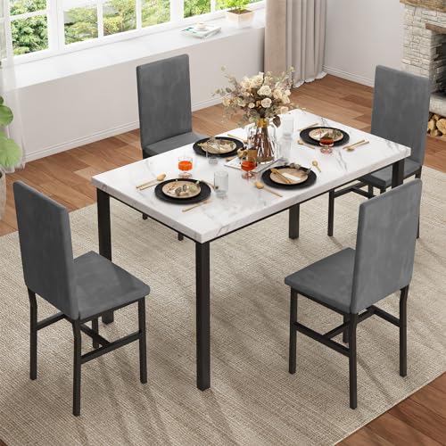 Dining Table Set for 4 with Faux Marble Tabletop and 4 PU Leather Chairs I915