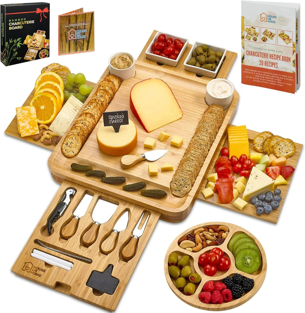 Large Charcuterie Board Set with 2 Ceramic Bowls & Plates, 4 Magnetic Drawers Bamboo Cheese Knife Set, Round Tray O193
