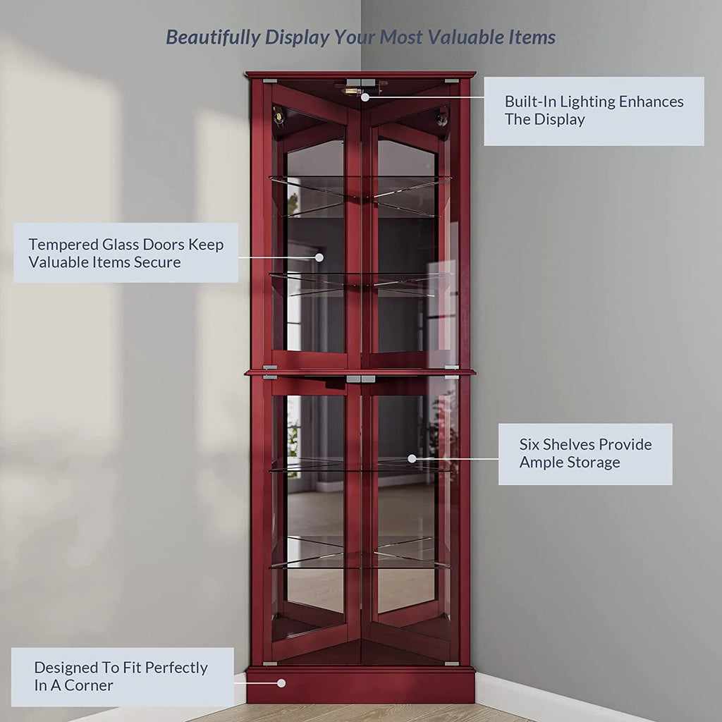 Lighted Corner Curio Cabinet with Tempered Glass Door, 6 Shelves H22986