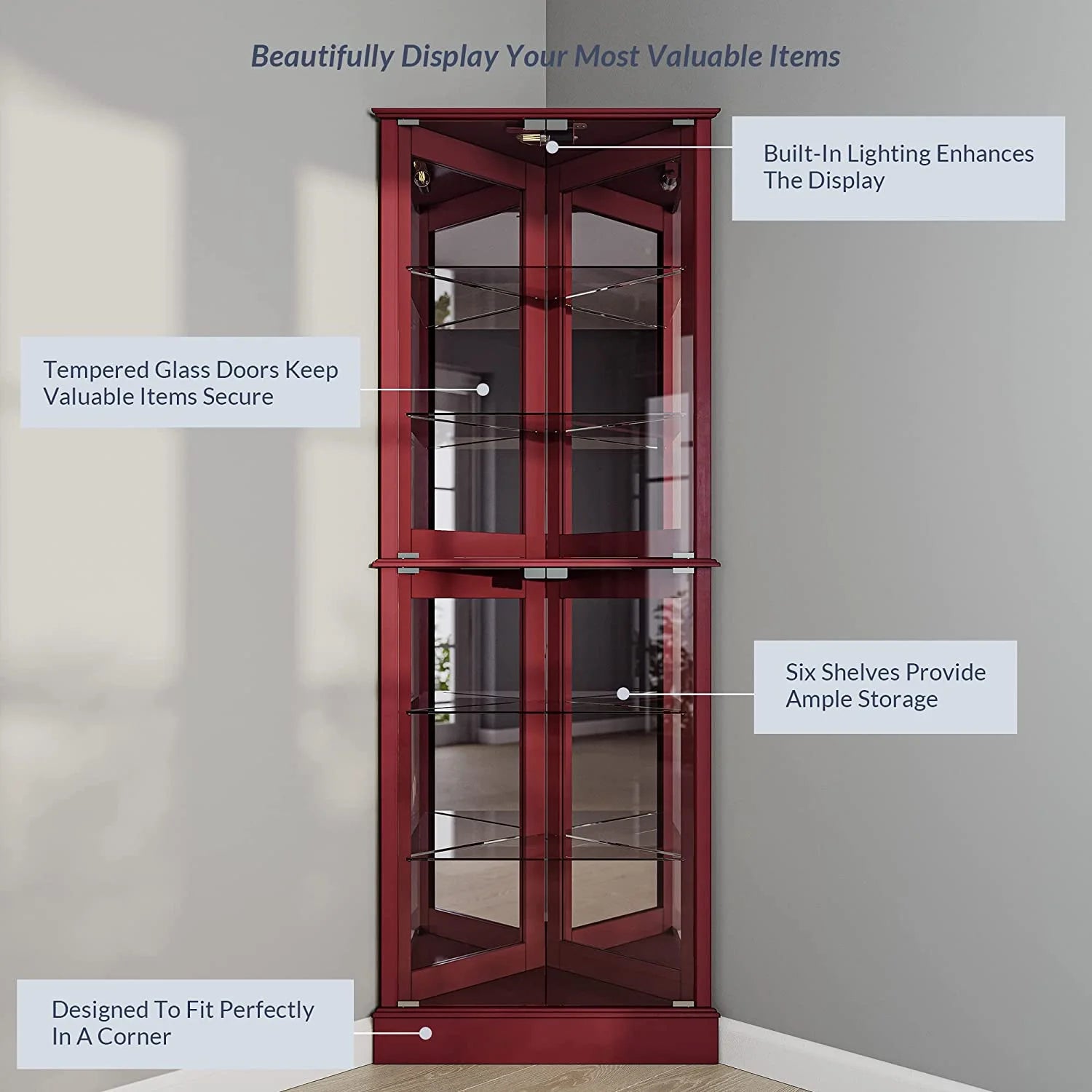 Lighted Corner Curio Cabinet with Tempered Glass Door, 6 Shelves H22986