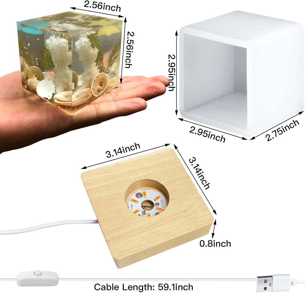 Large Cube LED Silicone Molds with USB Powered Wooden Lighted Base D378895