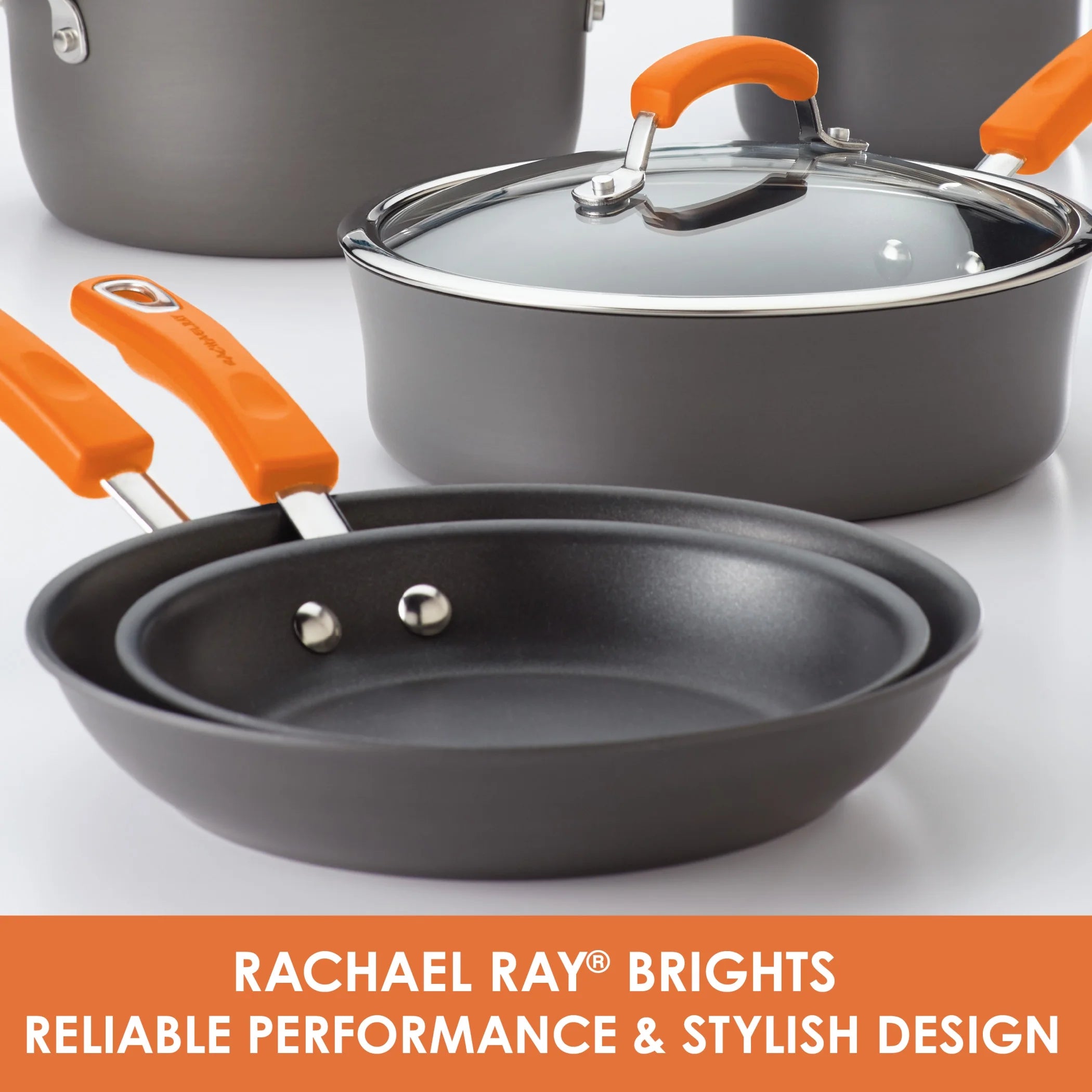 14 Piece Hard Anodized Nonstick Pots and Pans Set, Gray with Orange Handles S300285