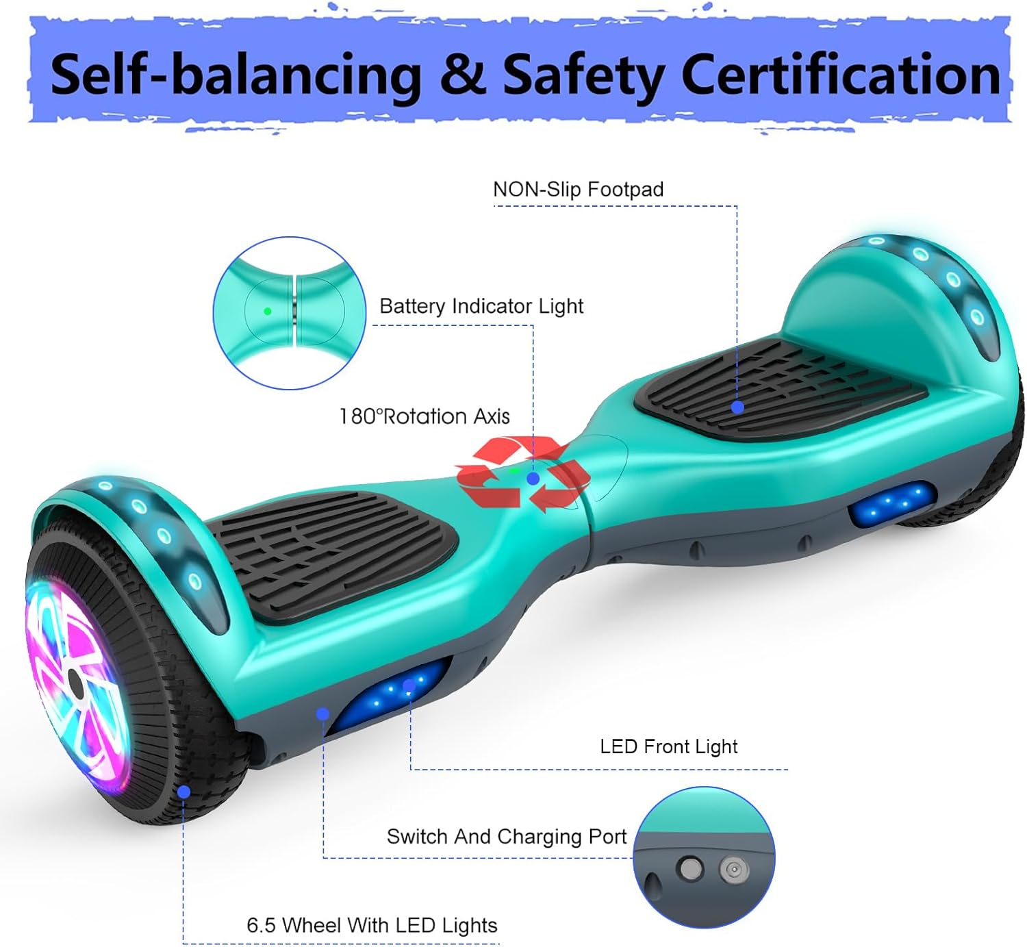 6.5" Self Balancing Scooter with Seat Attachment and Bluetooth LED Lights R6573