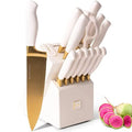 14 PC Titanium Coated White and Gold Knife Set with Block T413