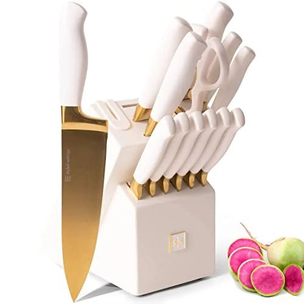 14 PC Titanium Coated White and Gold Knife Set with Block T413