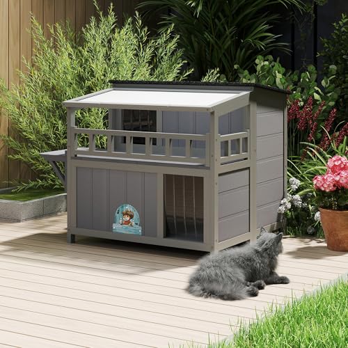 2-Tier Warm Wood Cat Shelter with Sunlight Roof M426555