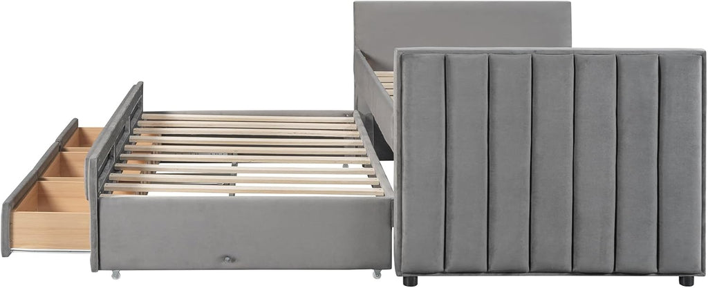 Twin Size Velvet Upholstered Daybed with Trundle and 3 Storage Drawers, Wooden Sofa Bed Frame (Gray) K870