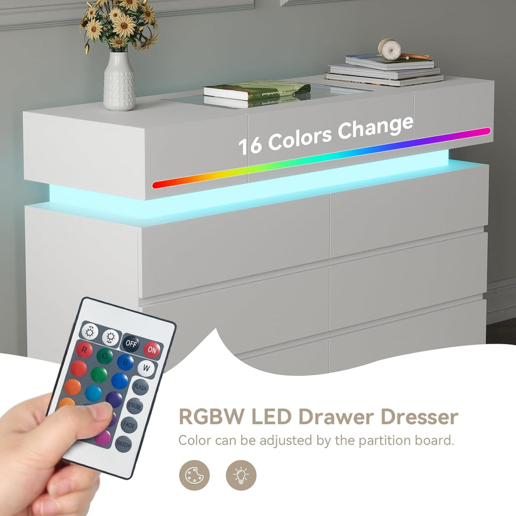 White 6 Drawer Dresser with LED Lights and Glass Top L7607