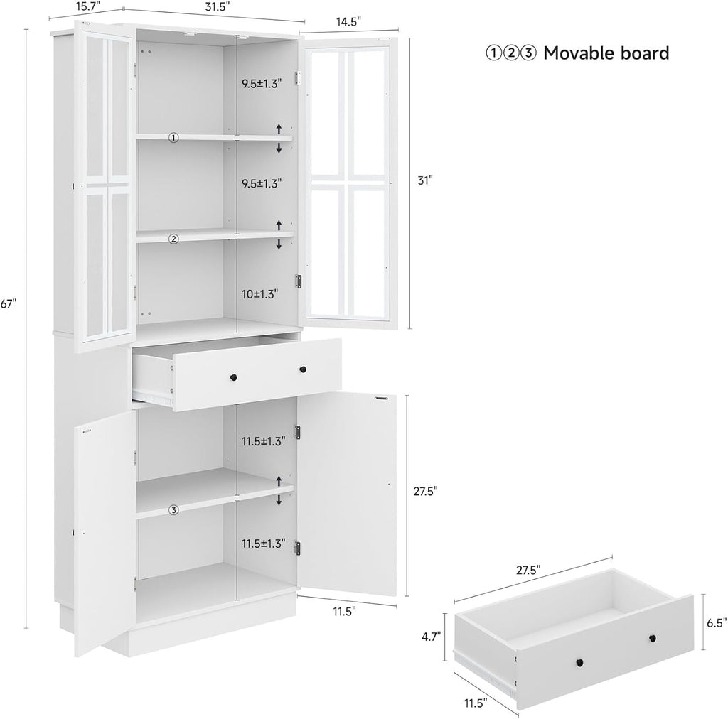 White Tall Pantry Cabinet with Glass Doors and 3 Adjustable Shelves C6771