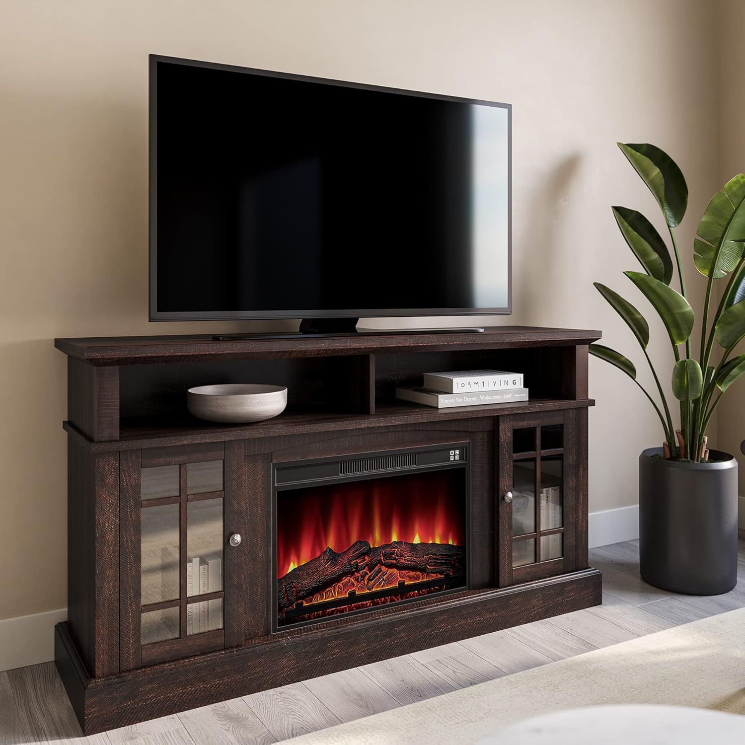 Espresso 58 Inch Electric Fireplace TV Stand with Storage Shelves and Cabinets J923849