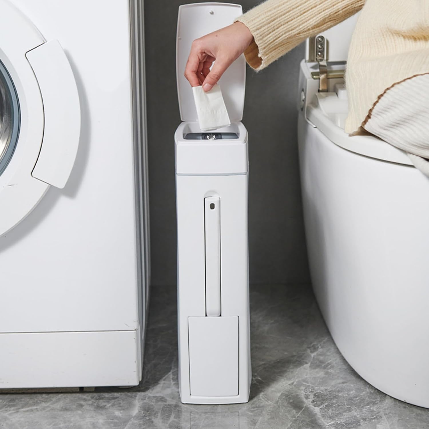 White 1.2-Gallon Slim Bathroom Trash Can with Lid U808494