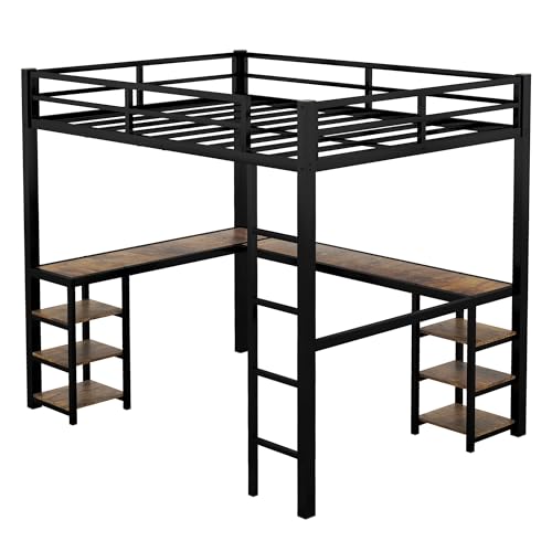 Full Size Metal Loft Bed with Desk and Storage Shelves P159729