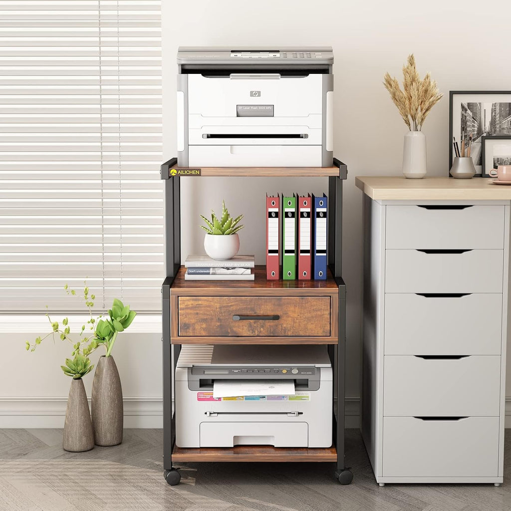 3-Tier Printer Stand with Drawers Record Player Stand End Table Storage Cabinet Printer Rack with Wheels Rolling Filing Cabinet Printer Cart U57831