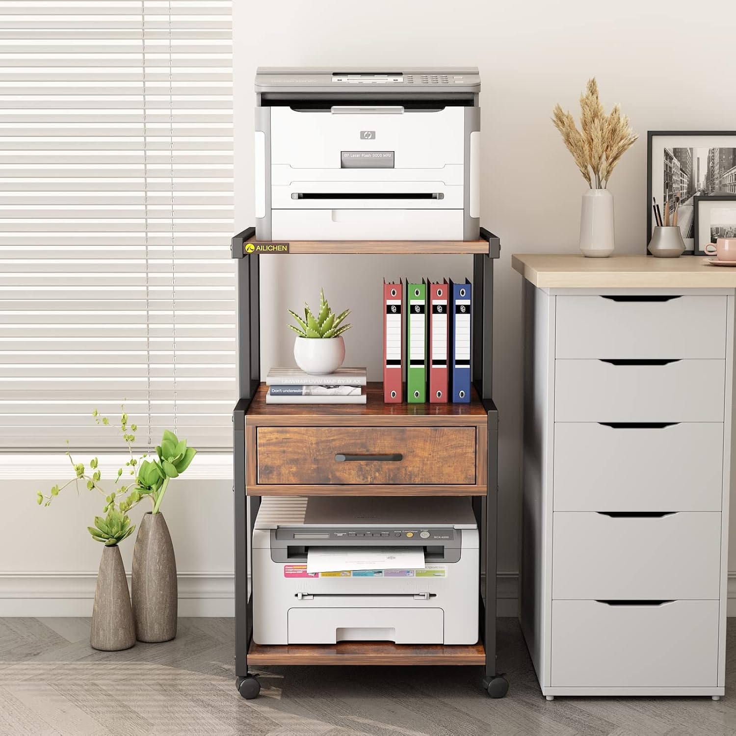 3-Tier Printer Stand with Drawers Record Player Stand End Table Storage Cabinet Printer Rack with Wheels Rolling Filing Cabinet Printer Cart U57831