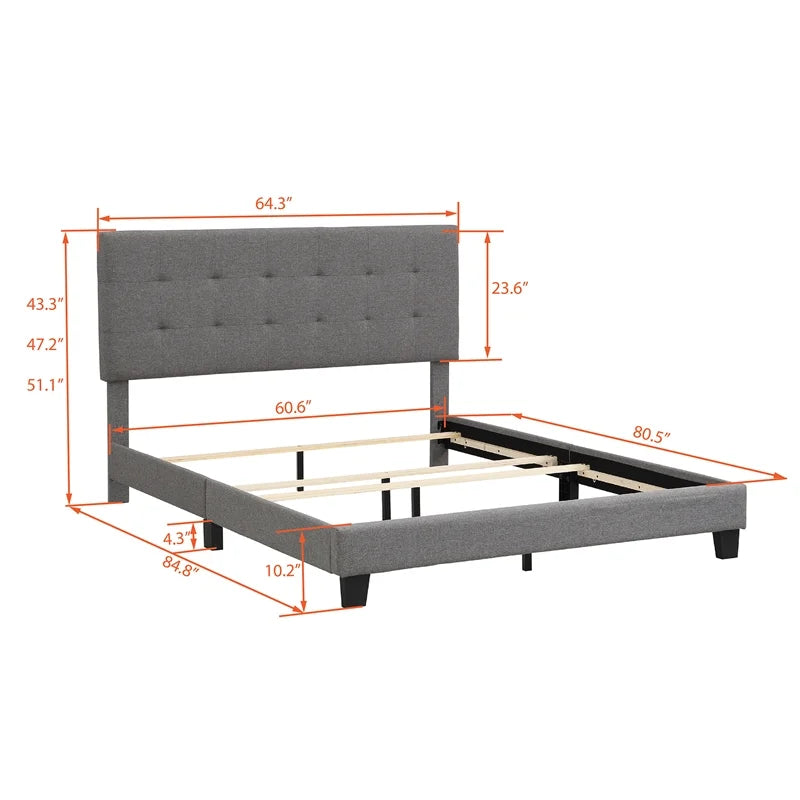 Gray Linen Fabric Queen Upholstered Platform Bed with Tufted Headboard C3963