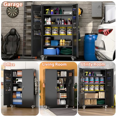 Black 72" H Locking Metal Storage Cabinet with Wheels and Pegboard U772547