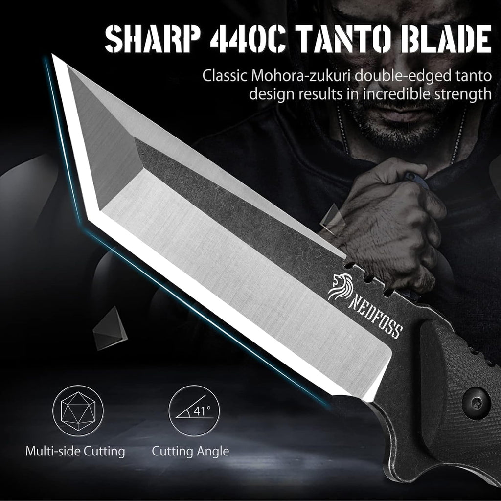 Tactical Survival Knife with Fire Starter, Kydex Sheath, 440C Steel Blade, G10 Handle Y166943