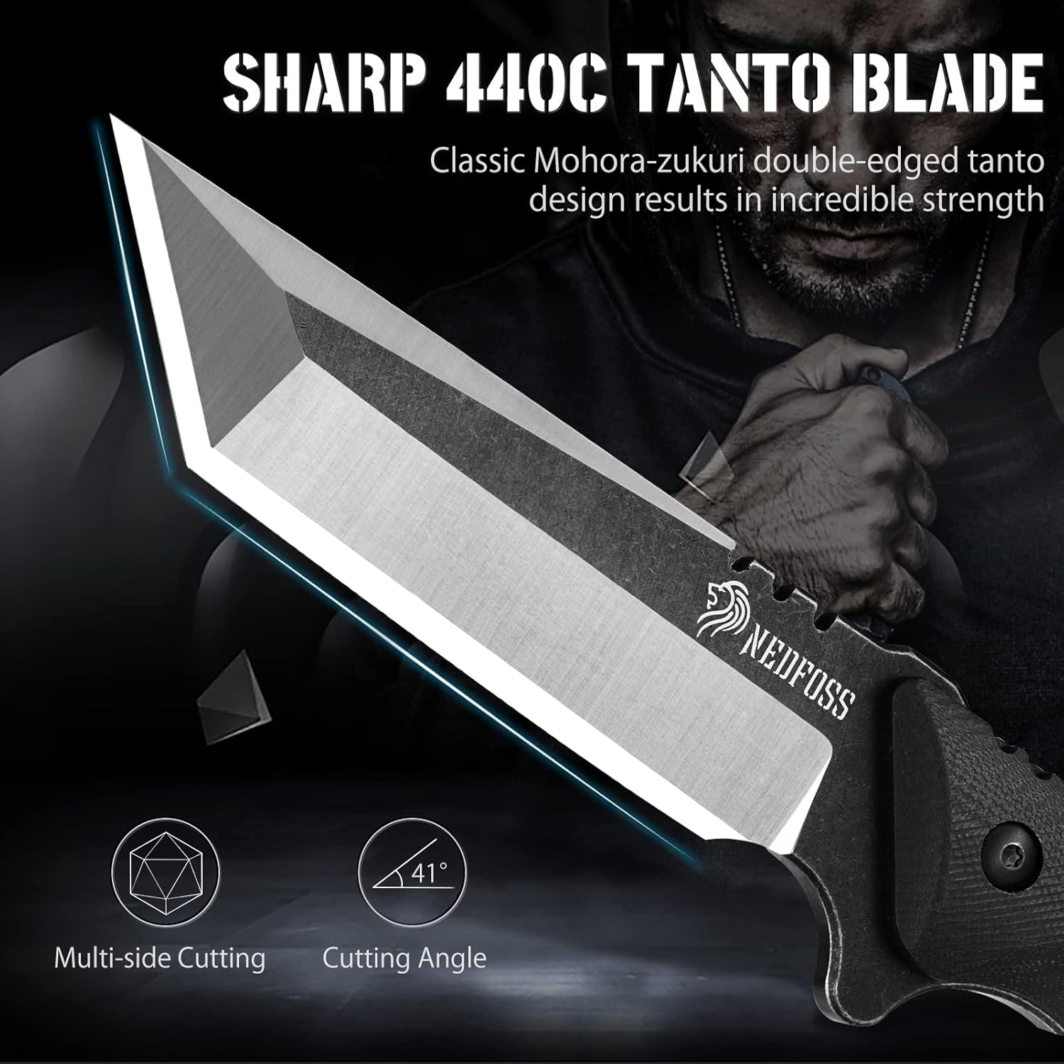 Tactical Survival Knife with Fire Starter, Kydex Sheath, 440C Steel Blade, G10 Handle Y166943