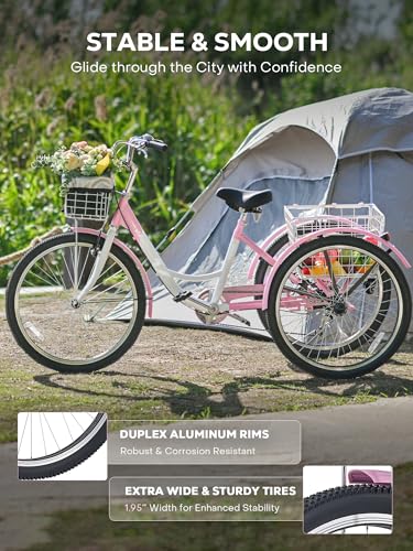 7 Speed Adult Tricycle with Front & Rear Removable Wheeled Baskets, 24 26 inch D1773
