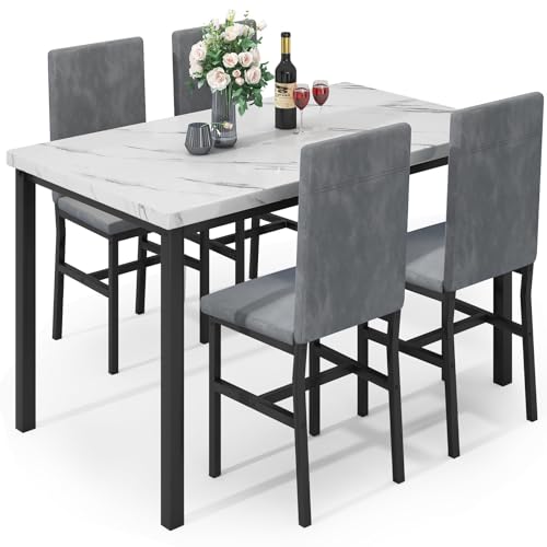 Dining Table Set for 4 with Faux Marble Tabletop and 4 PU Leather Chairs I915